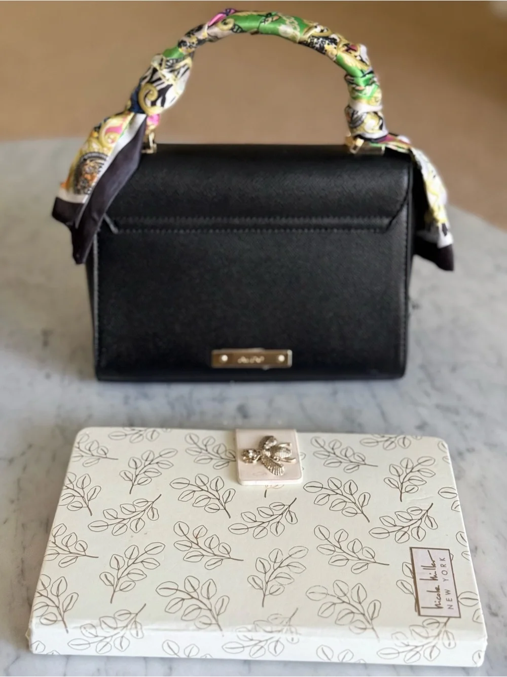 Aldo Black Top-Handle Satchel with Multicolor Scarf Wrap